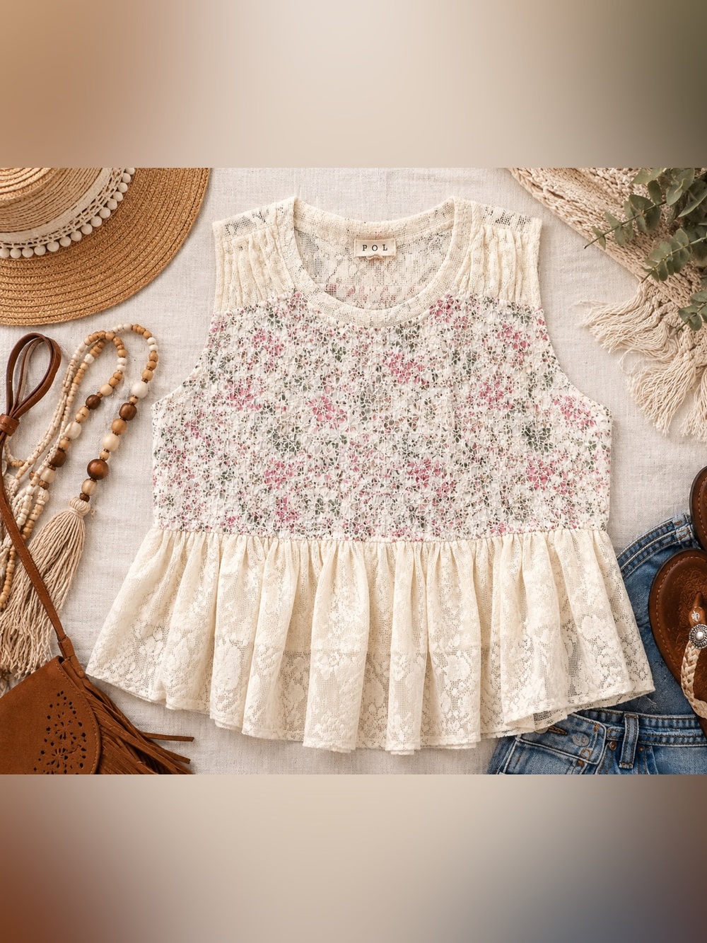 POL Floral Lace Eyelet Peplum Top Ivory Cream Boho Cottagecore S